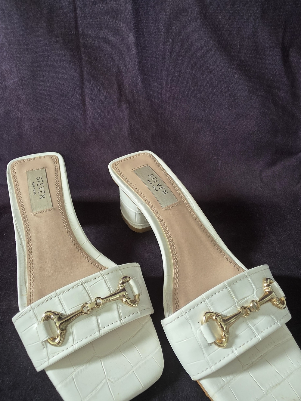 Steven New York Steve Madden Ivory Croc Embossed Horsebit Mule Heels